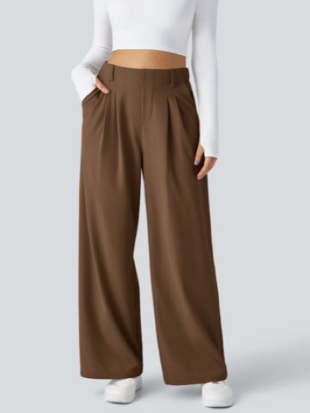 Halara Flex High Waisted Pocket Wide Leg Waffle Work Pants Brown Size Small